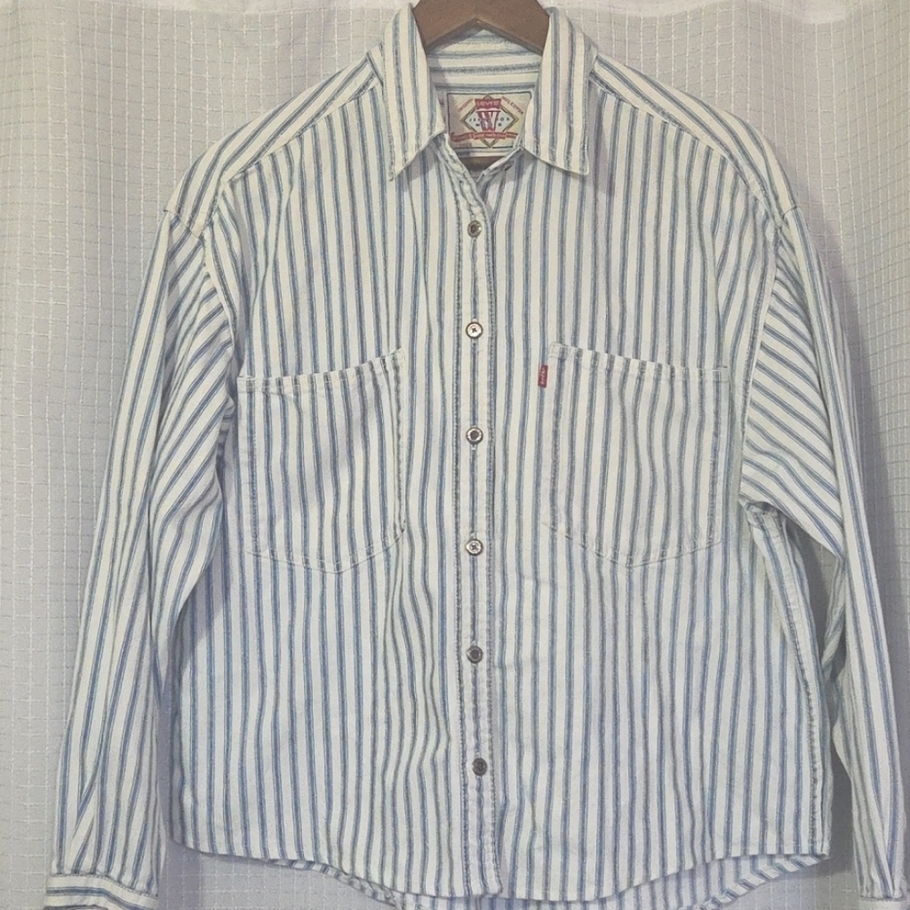 Vintage 90s Y2K Levi’s Striped Denim Button Up Shirt Jean Western Rodeo Cowboy